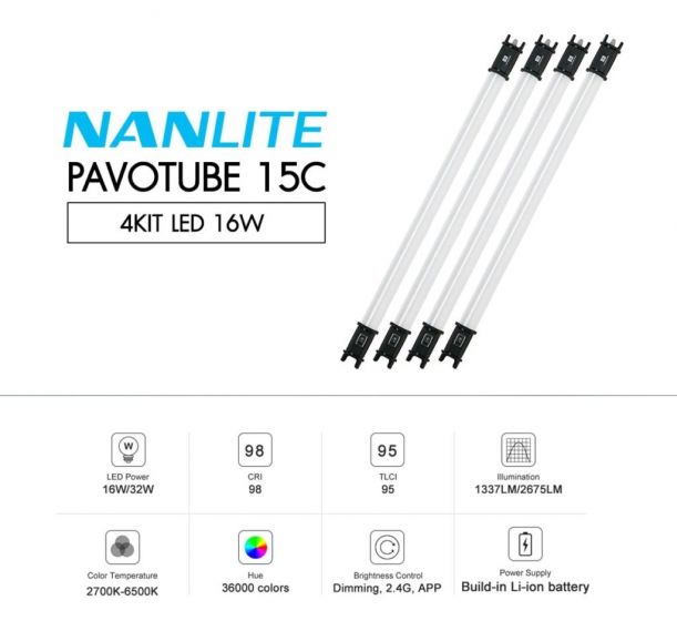Nanlite - Pavotube 15C 4KIT RGB Tubelight, 16W, 2700K-6500K-ประกันศูนย์ไทย